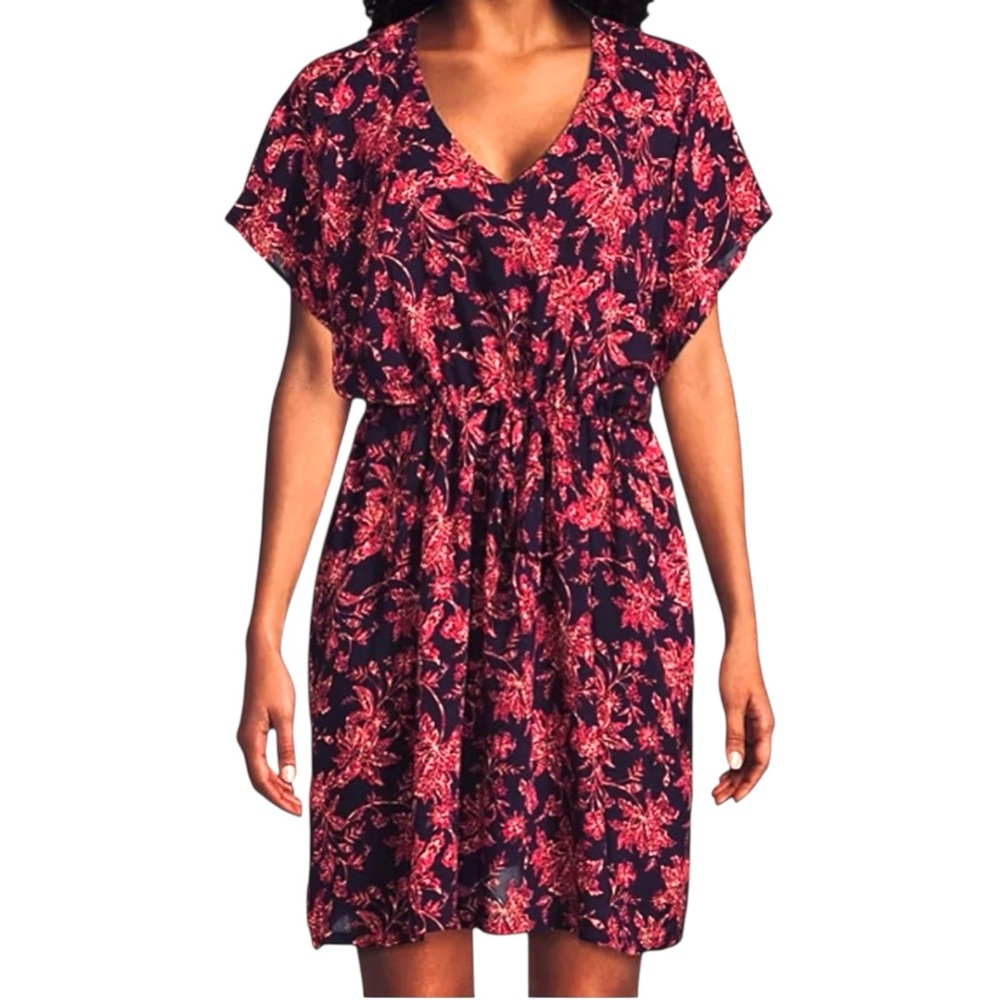 NWT Land's End Cover-Up Dress Floral Gathered Waist Short Sleeve‎ Womens XL/XXL